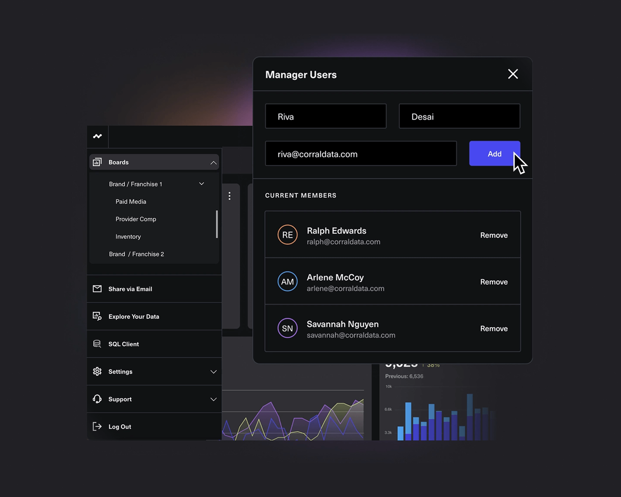 User management interface showing fields to add a new user with email and a list of current members with remove options.